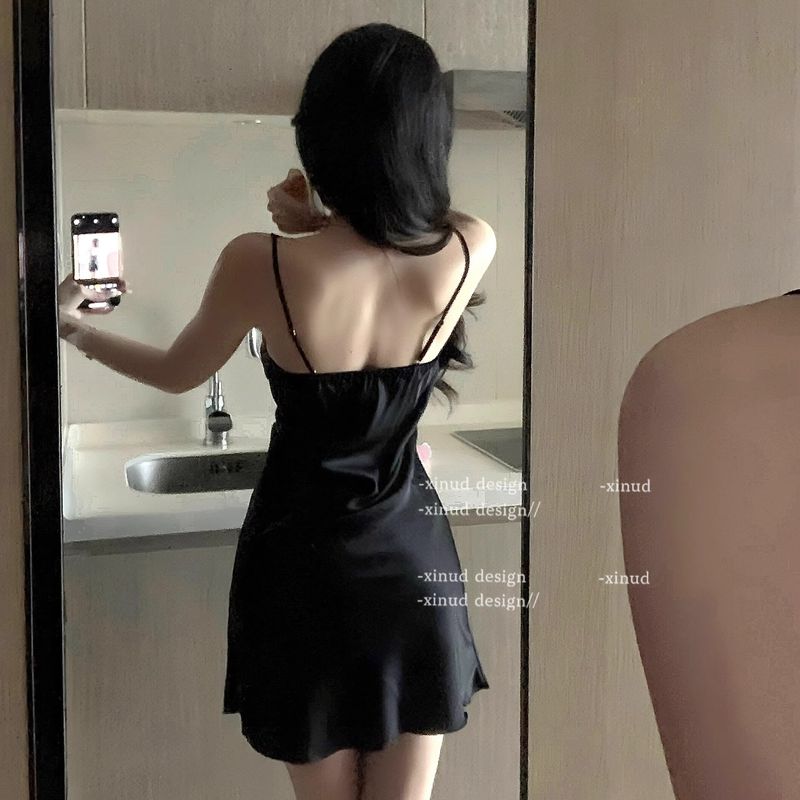 Camicia da notte sexy, delicata sulla pelle, con fiocco in seta ghiacciata, con bretelle in pizzo dolce, comoda e morbida, per il desiderio puro del vento_voghion.com