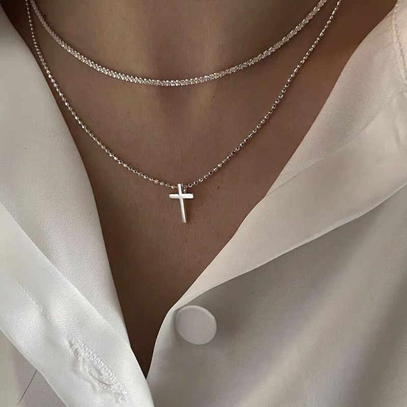 2025 Women Fashion Fashionable silver cross pendant women's shiny chain, pendant, charming multi-layered necklace, gift jewelry_voghion.com