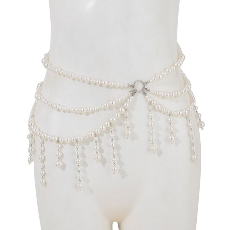 Catena per il petto con perline da bikini da spiaggia, catena per il corpo con frange di perle multistrato_voghion.com
