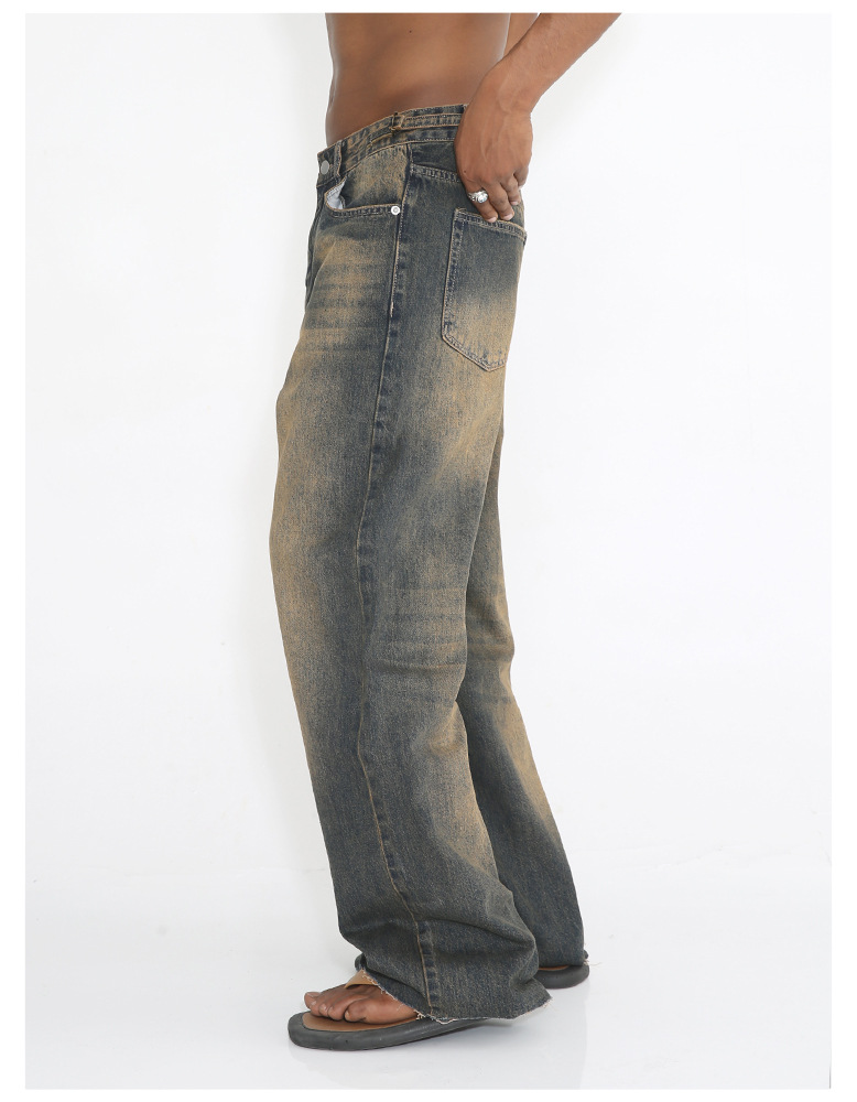 JEANS | 2023 Neue Straight Barrel Made Old Rust Earth Ragged Denim Hose für Männer und Frauen_voghion.com