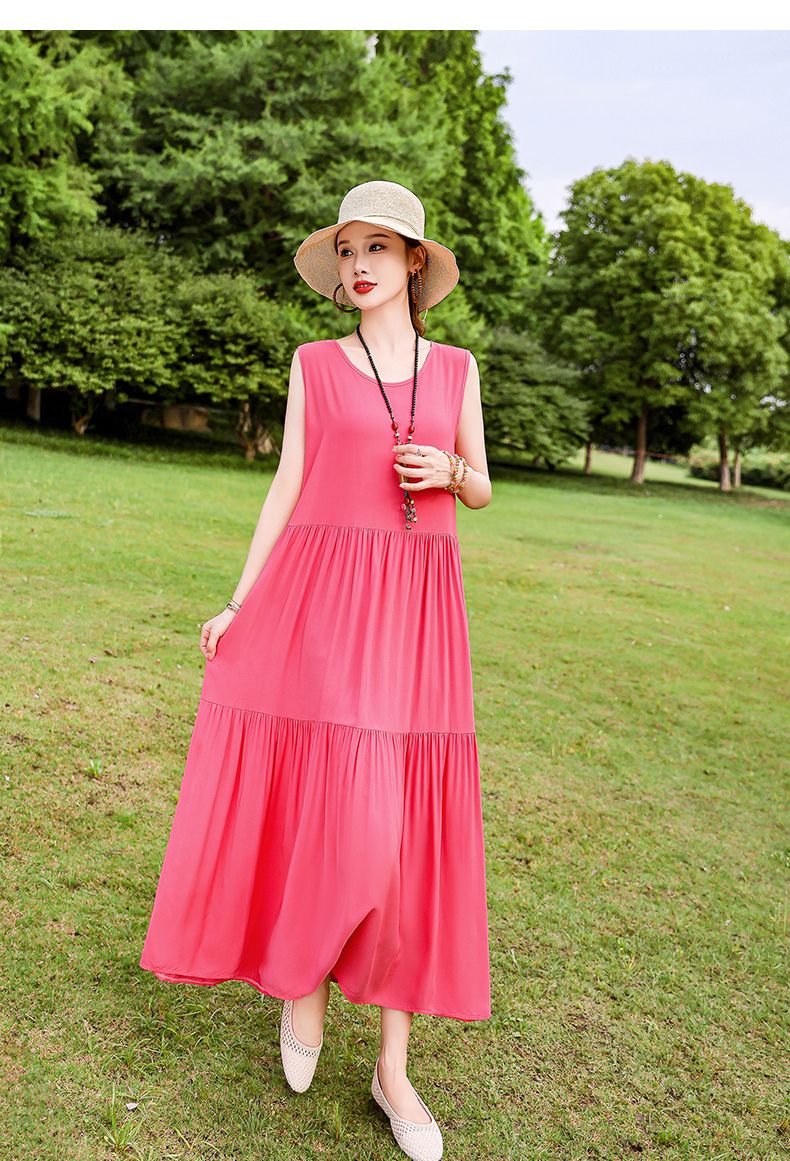 Französischer Stil High-End für Frauen Sommer 2025 Neue lose Plus Size Extra lange Baumwolle Blumenweste Kleid Falten Outfit_voghion.com