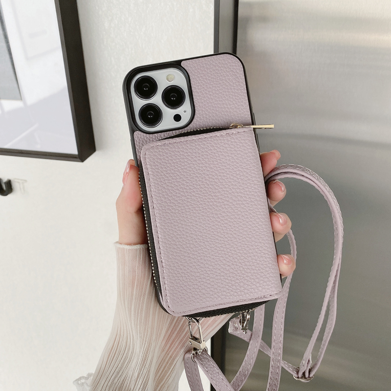 Mobile phone case zipper card holder diagonally applicable to Apple 14 mobile phone case Apple 13 promax litchi pattern protective cover 12 women_voghion.com