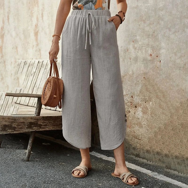 Women's High Waist Wide Leg Pants - Casual Summer Linen Blend Elastic Waist Straight Leg Trousers_voghion.com