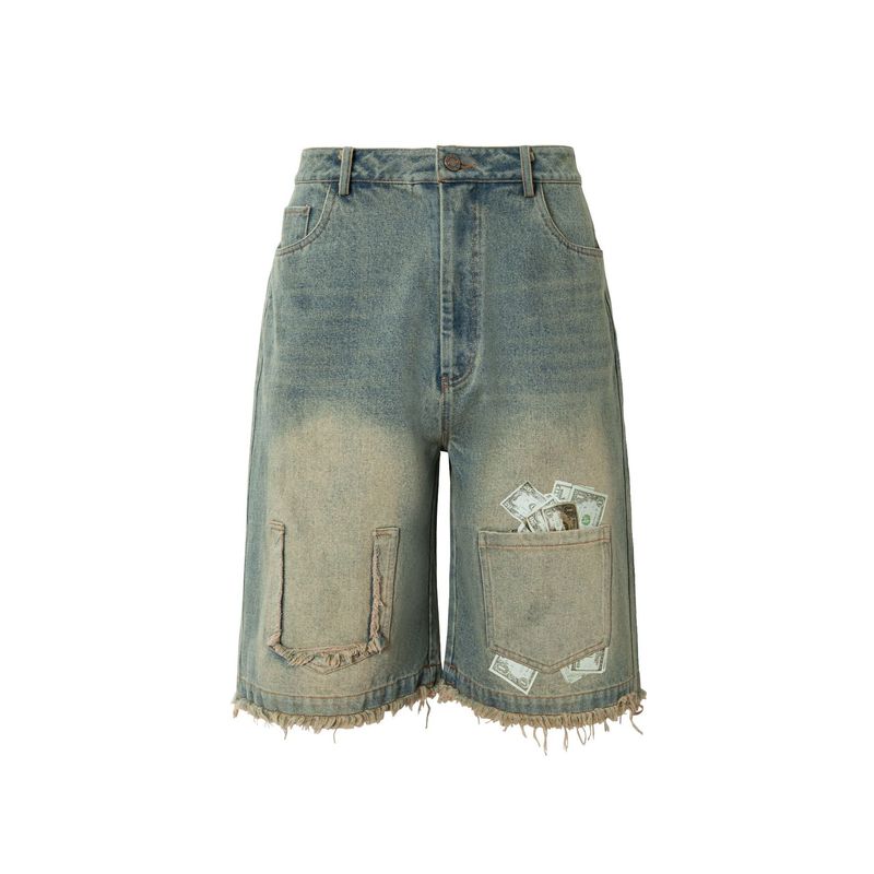 Îmbrăcăminte bărbătească Pantaloni scurți din denim rupți, spălați, cu gradient retro, de vară, personalizați, cu margini brute_voghion.com