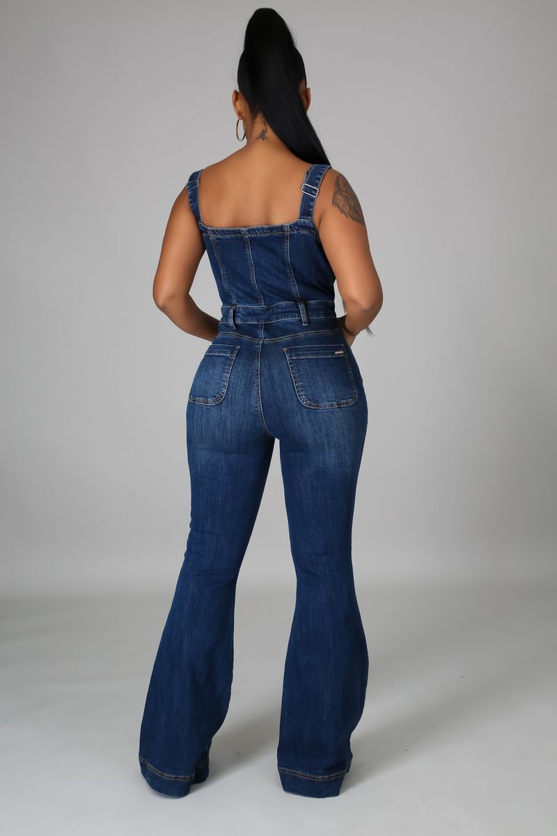 Roupas femininas Casual Sexy Suspensórios Denim Macacão Calças de perna larga_voghion.com