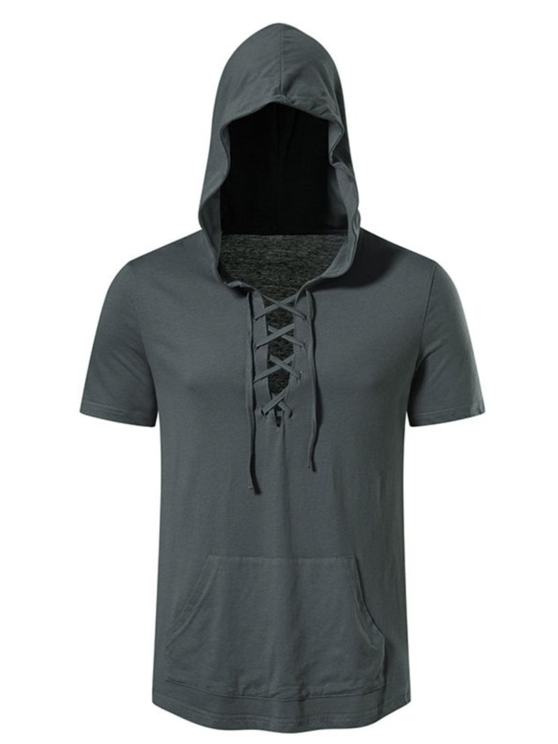 Summer men's hooded shoes with loose, simple, solid color, fashionable size, short sleeves, large pockets, all cotton_voghion.com