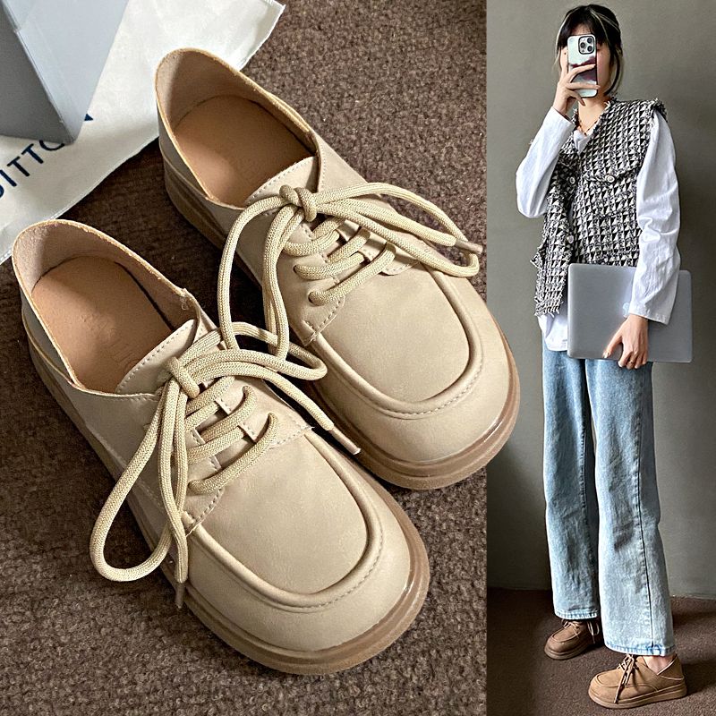 Lace-up Small Leather Shoes For Women British Style Retro Loafer Shoes For Women Spring And Autumn Thick Soled Soft Soled Bean Shoes Leather Casual_voghion.com