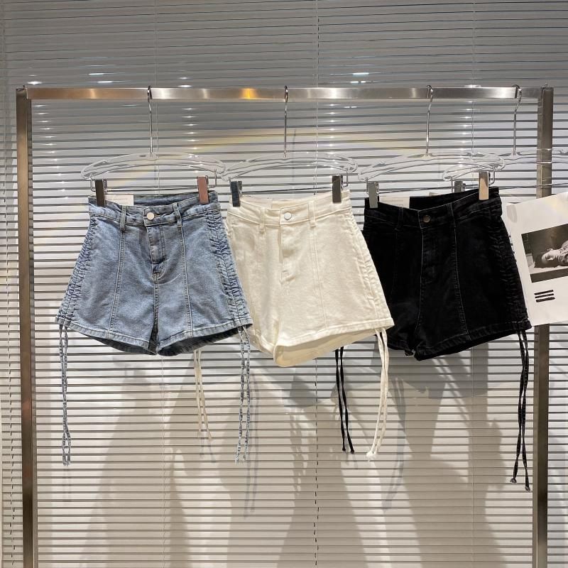 Korean version of 2024 summer new design with drawstring high waisted denim shorts, women's slim fit elastic A-line wide_voghion.com