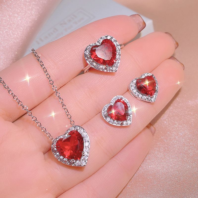 Natural Garnet Ring Pendant Earrings Three-Piece Jewelry Set For Women Korean And Japanese Style Hand Accessories Gift_voghion.com