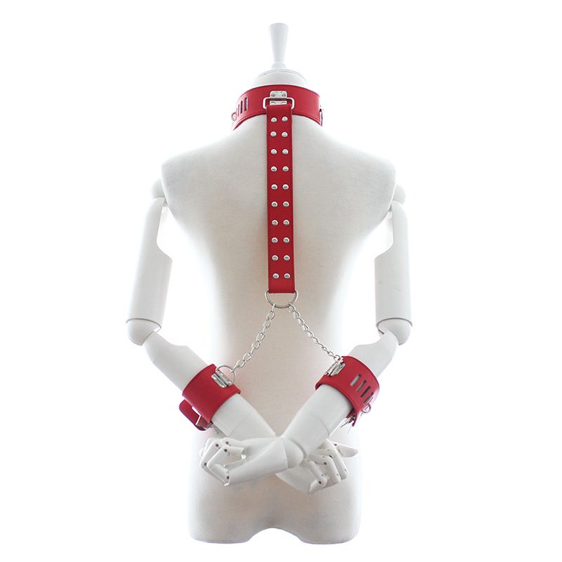 Legatura forzata con polsino rosso sul retro, polsino al collo, lucchetto Zhuang, abbigliamento costrittivo in pelle, intimo sexy_voghion.com