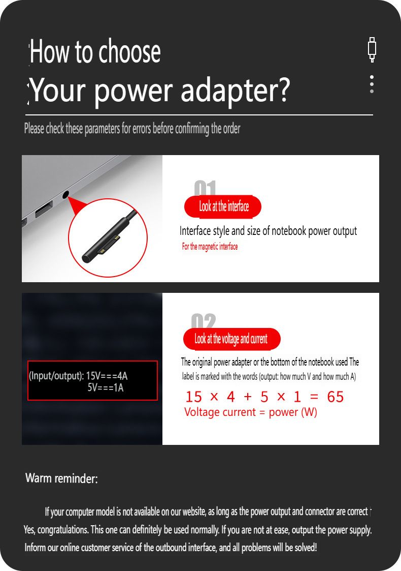 Adatto per adattatore di alimentazione magnetico da 65 W per Microsoft Surface Pro - Caricabatterie rapido da 15 V 4 A con connessione sicura_voghion.com