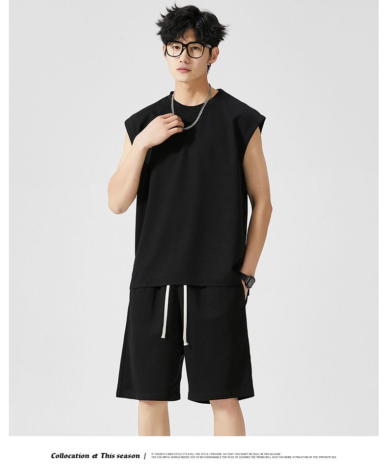 Ensemble de sport sans manches pour hommes, vêtements d'été fins de course à pied, de fitness, T-shirt décontracté, short, ensemble ample en deux pièces_voghion.com