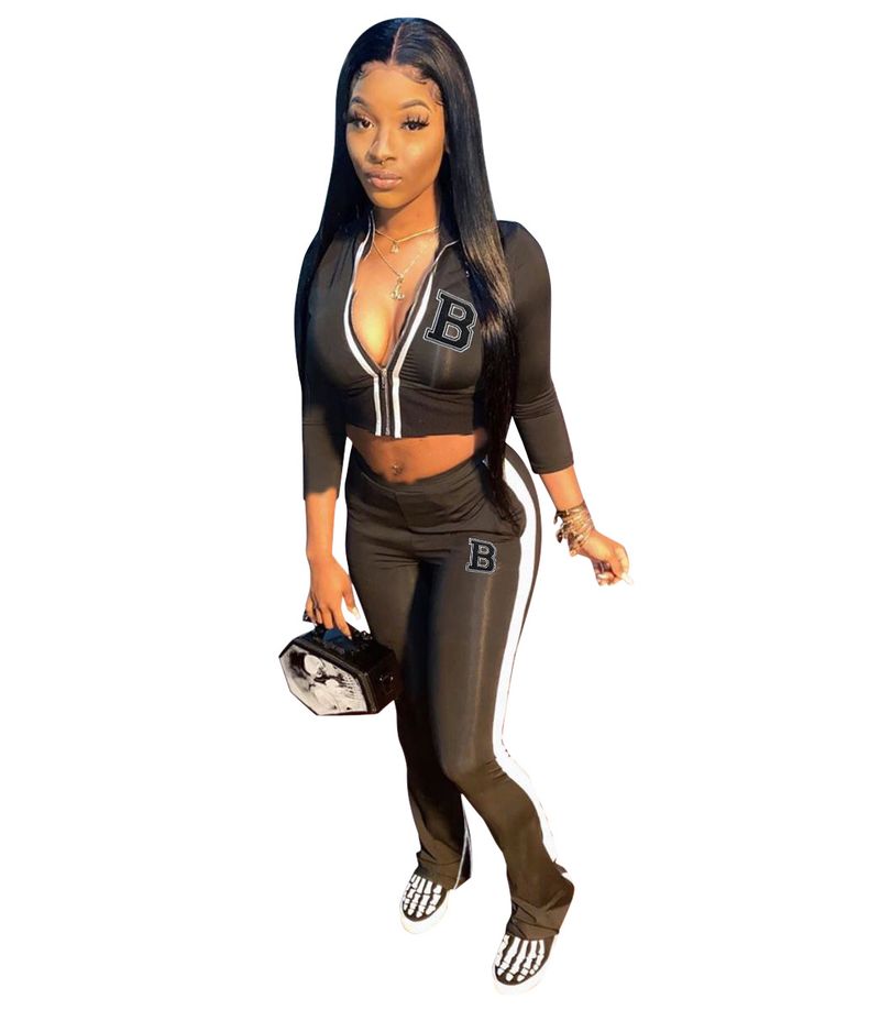 Women's Clothing Trouser Leg Zipper Slit Color Matching Sports Leisure Suit_voghion.com