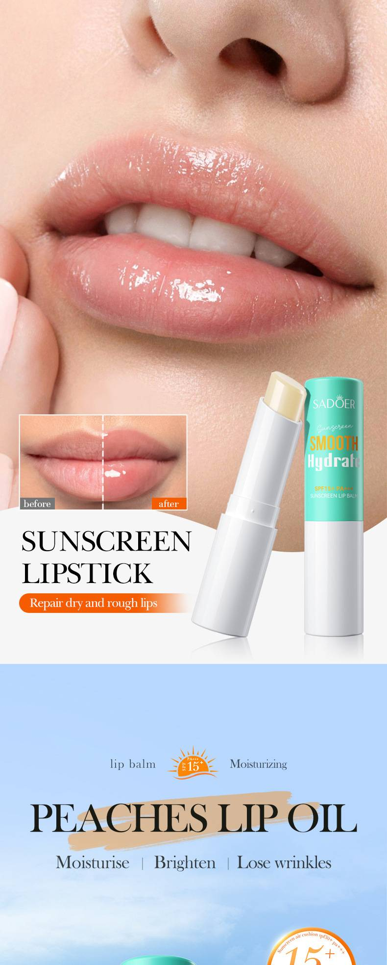 Rouge à lèvres avec protection solaire SPF 15, protection des lèvres, baume à lèvres hydratant et lissant, masque pour les lèvres, hydratation des lèvres, blocage des UVB, anti-UVA_voghion.com