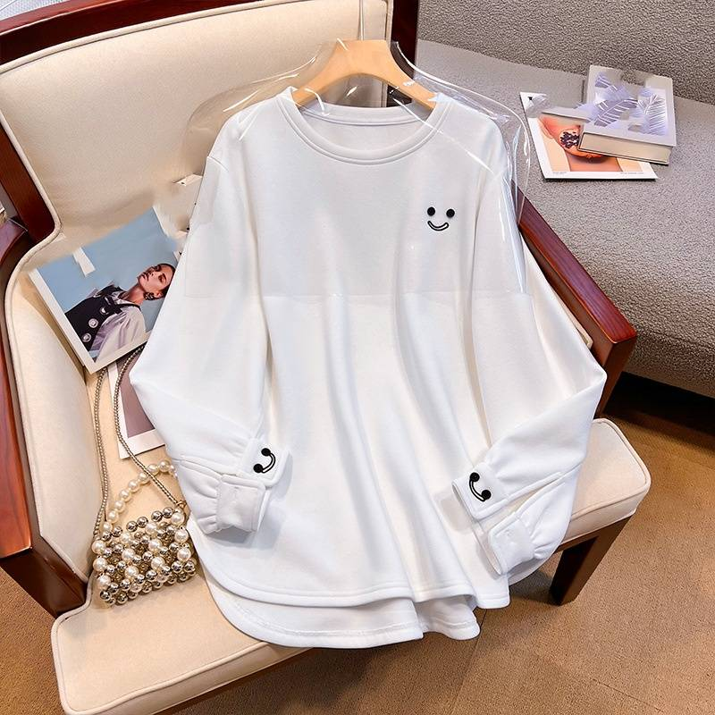 Damenbekleidung Plüsch- und verdicktes Sweatshirt mit Smiley-Stickerei für Damen im Herbst und Winter, neuer lockerer Lazy-Style, langärmelig_voghion.com