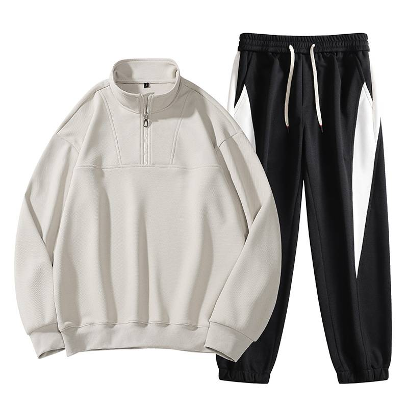 Men's Clothing New Sweater Suit Men's Autumn Casual Top Lapel Pullover Zipper Shirt Splicing Long Sleeved Trousers Shirt_voghion.com