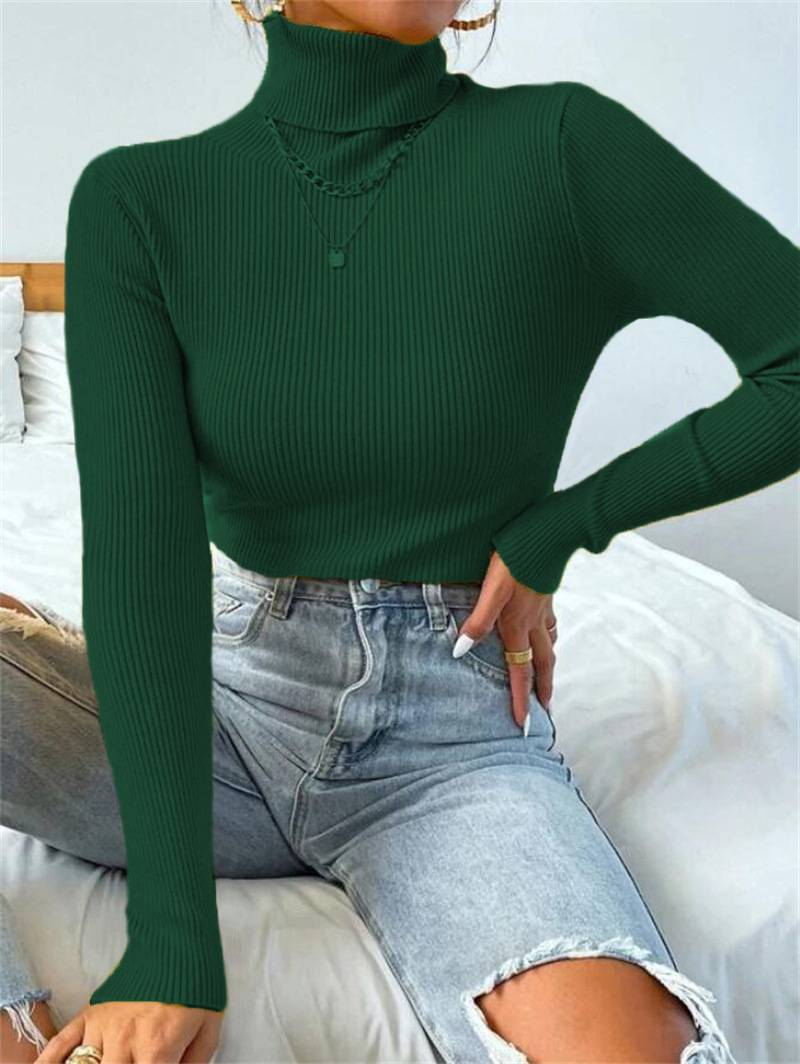 2024 Autumn Winter Women Long Sleeve Knitted Foldover Turtleneck Ribbed Pull Sweater Soft Warm Femme Jumper Pullover Clothes_voghion.com