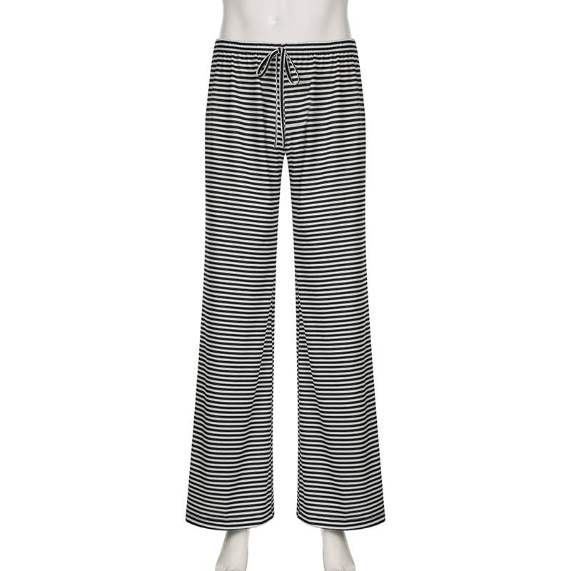 Lässige Streifen Niedrige Taille Baggy Jogginghose Kordelzug Elastische Hose Frauen Beiläufige Lose Gerade Bein Hosen Sommer Streetwear_voghion.com