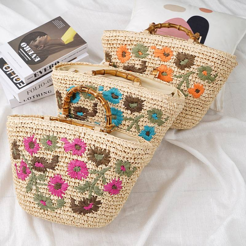 Borsa a mano piccola con fiori colorati, borsa di paglia, borsa di rattan, borsa pastorale singola, borsa da donna, borsa da spiaggia alla moda_voghion.com