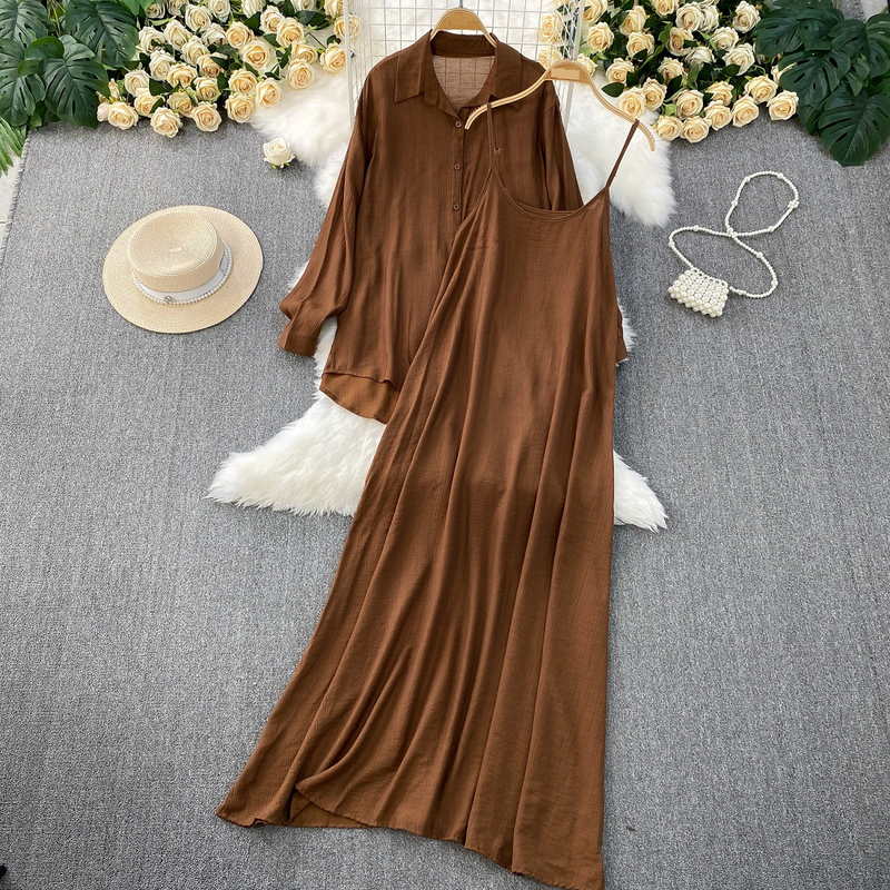Abito casual da donna in due pezzi, stile casual, casual, per donna, ampio, camicia sottile a maniche lunghe + abito con bretelle coprenti e snellenti_voghion.com