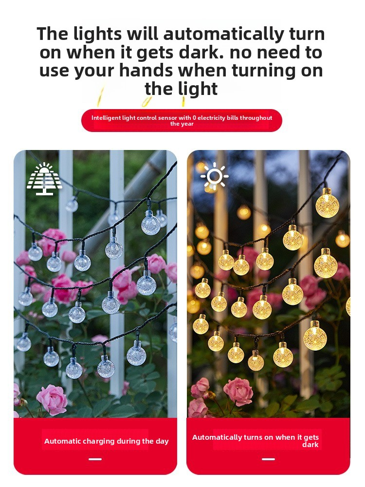 Luzes de corda LED com bolhas e energia solar – Luzes decorativas para ambientes internos e externos (5 m/20 LEDs, IP65 à prova d'água, carregamento solar/USB, controle por botão)_voghion.com