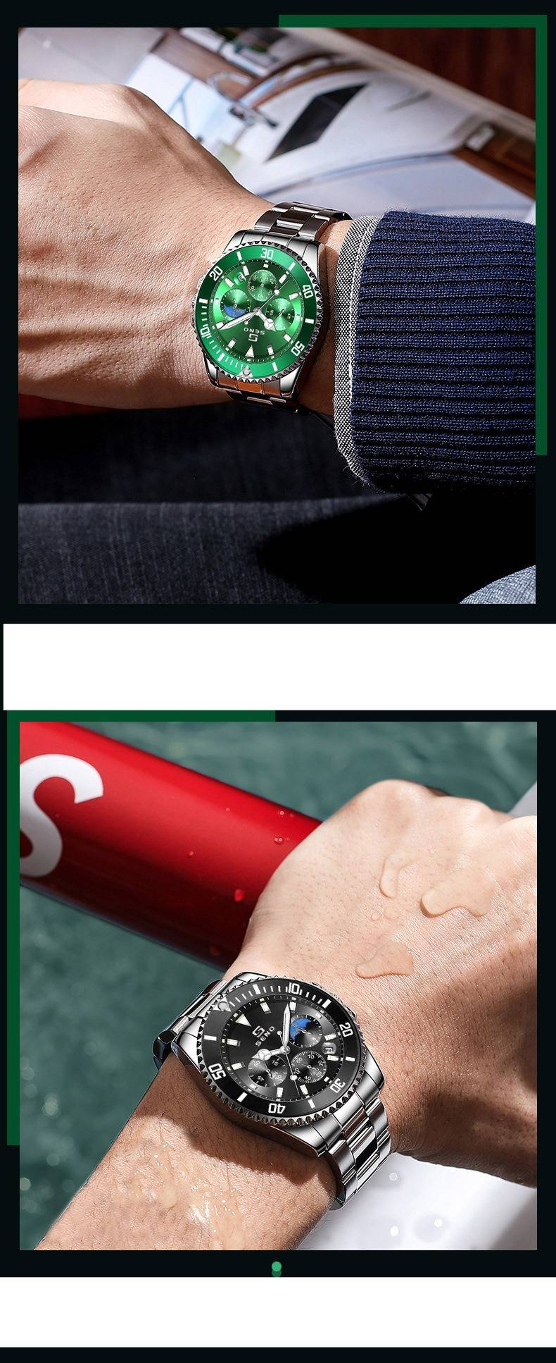 Montres pour hommes Montre de sport pour hommes Vert Lumineux Étanche Fantôme Multifonction 6 Broches Montre à quartz Mode Affaires_voghion.com