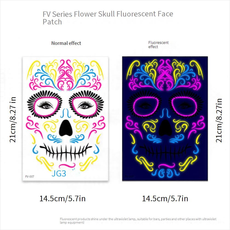 Halloween Temporary Tattoos Stickers - Glow In The Dark Day Of The Dead Face & Body Art For Party, Scary Makeup, Costume Accessories (8-Piece Set)_voghion.com