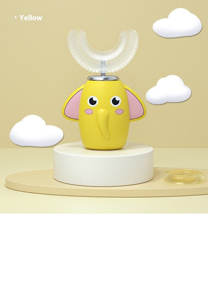 Cepillo de dientes eléctrico infantil en forma de U: 3 modos, limpieza de 360°, cerdas suaves de silicona, silencioso (36 dB), recargable, diseño de elefante (con pasta de dientes)_voghion.com