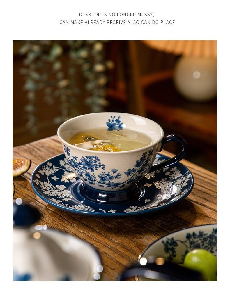 Blue Willow Ceramic Coffee Cup & Saucer Set – Hand-Painted Chinoiserie Floral Design, 220ml Vintage Tea Cup For Chinese Gongfu Tea & Espresso_voghion.com