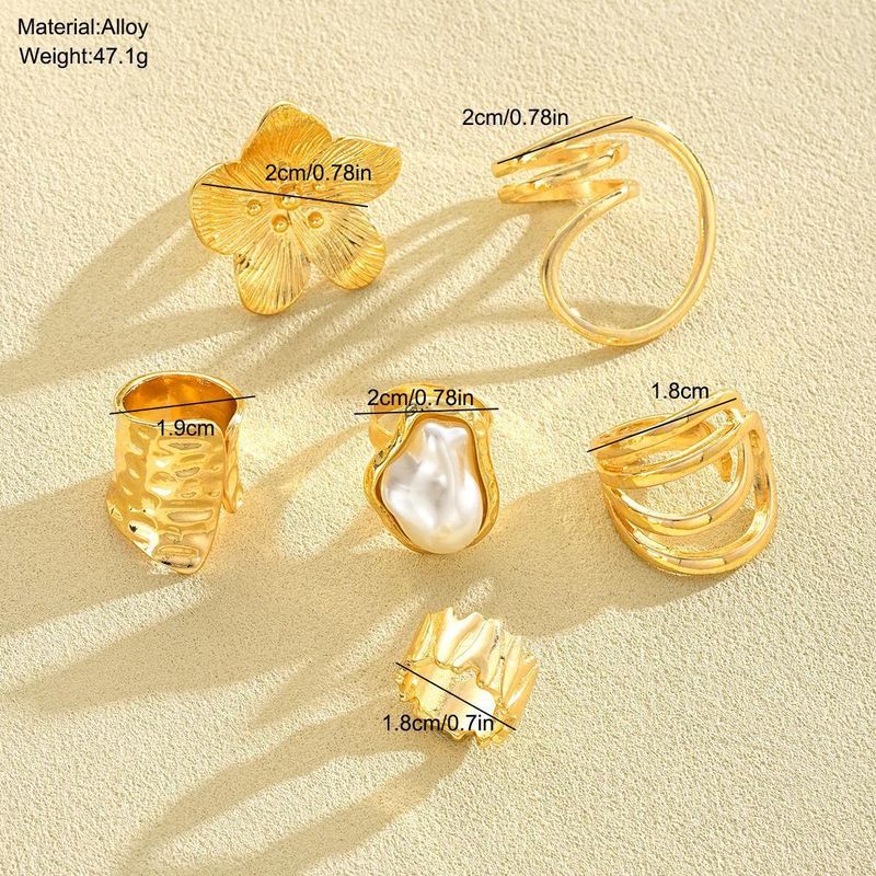 Unique Irregular Pearl Flower Ring Set, 6-Piece Boho Chic Jewelry For Women, Fashion Statement Handmade Alloy Adjustable Rings_voghion.com