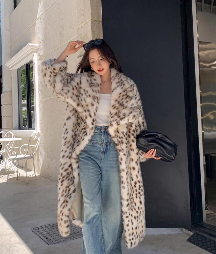 Luxury Faux Fur Coat Women's Long Leopard Print Jacket With Big Lapel, Winter Thick Faux Fox Fur Coat, Elegant Faux Mink Coat For Women_voghion.com