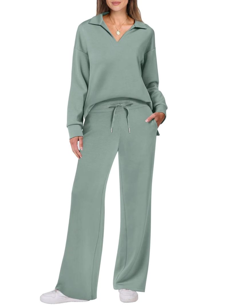 Completo due pezzi da donna, top a maniche lunghe con scollo a V e coulisse, elastico in vita e pantaloni svasati._voghion.com