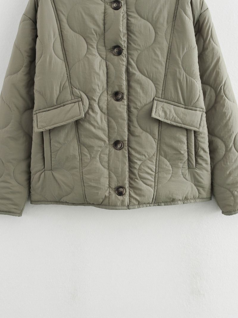 Women's Street Fashion Quilted Puffer Jacket For Autumn Winter - Lightweight Warm Coat With Button Closure, Round Neck, Long Sleeve_voghion.com
