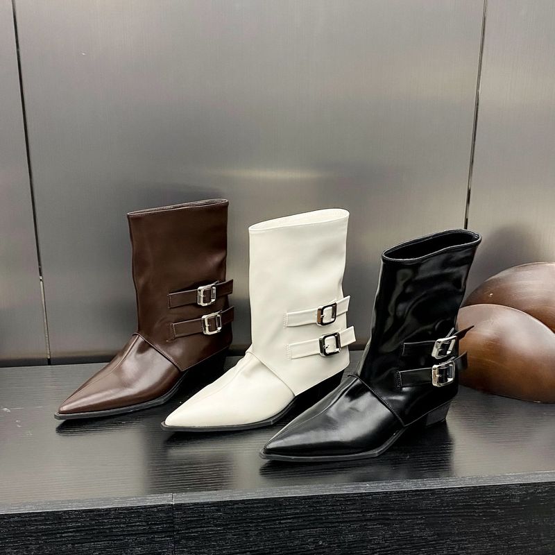 Stivali bassi da donna alla moda Martin con cerniera laterale, fibbia della cintura decorata, punta a punta, autunno 2024_voghion.com