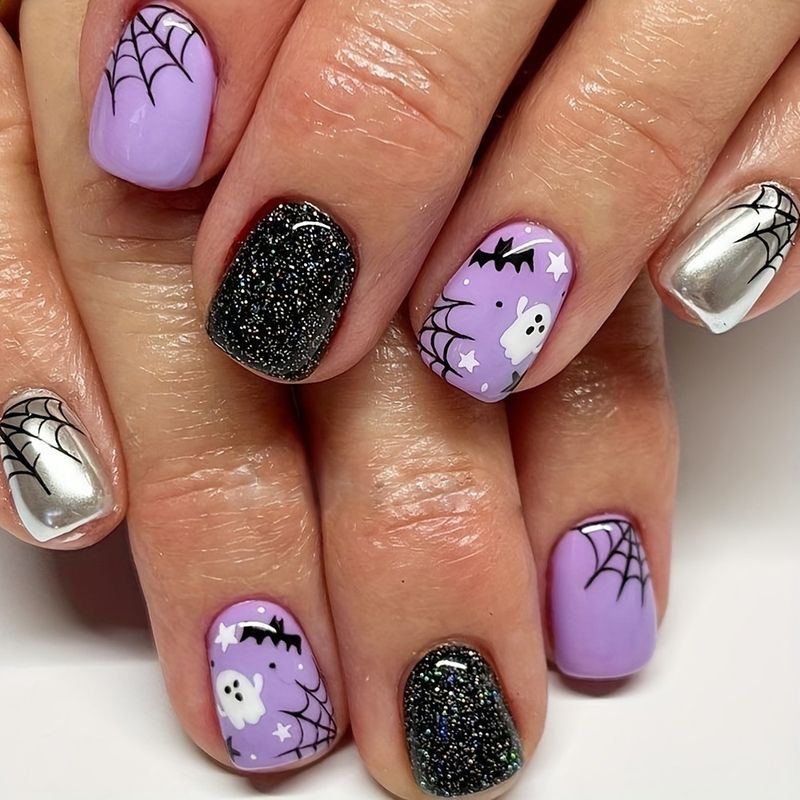 Unghie finte Halloween Unghie corte quadrate Lavanda Pipistrello Fantasma Ragnatela Halloween Elemento Unghie finte Unghie indossabili finite Nail art per le feste_voghion.com