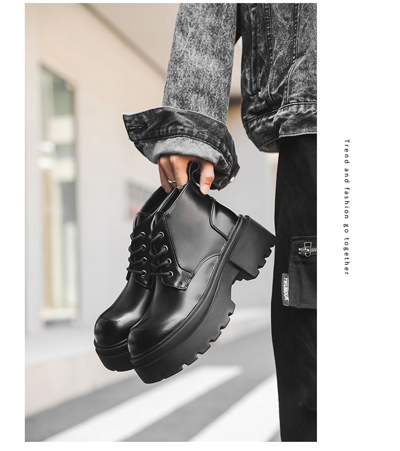 Lace-up High-top Thick-soled Heightening Men's Boots Fleece Short Boots Tooling Boots Martin Boots_voghion.com