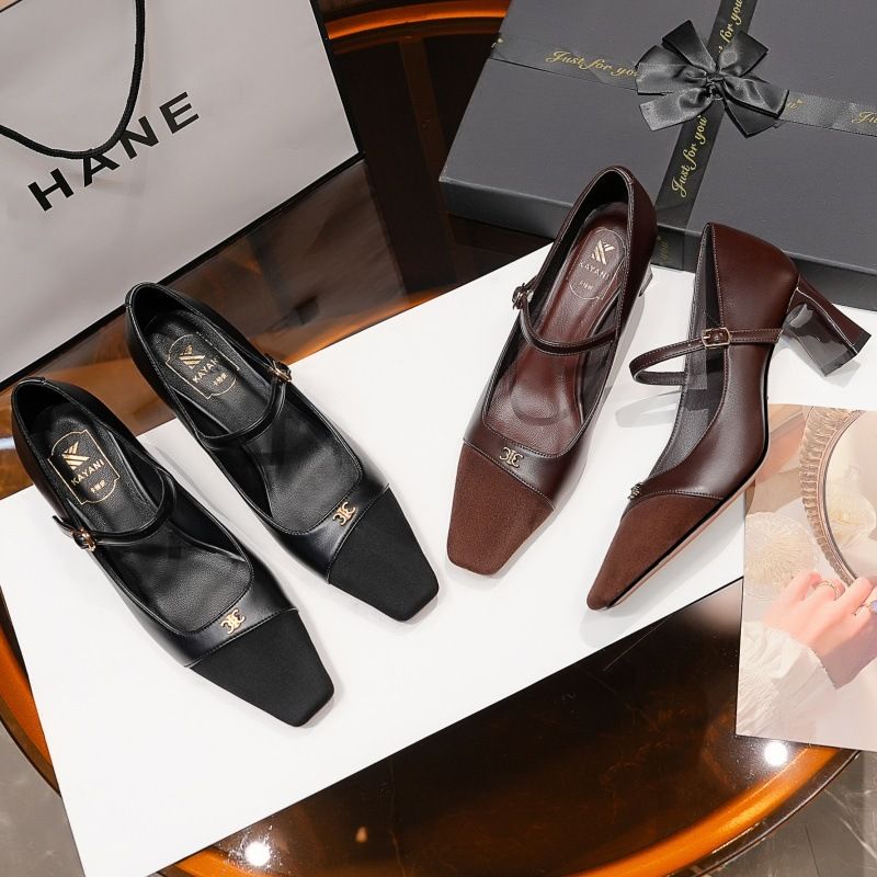 Scarpe con tacco alto e tacco spesso da donna, stile retrò, marrone chiaro, con tacco alto, scarpe singole, testa quadrata, un pedale, in morbida pelle, per pendolari, piedi non stanchi, scarpe da donna_voghion.com
