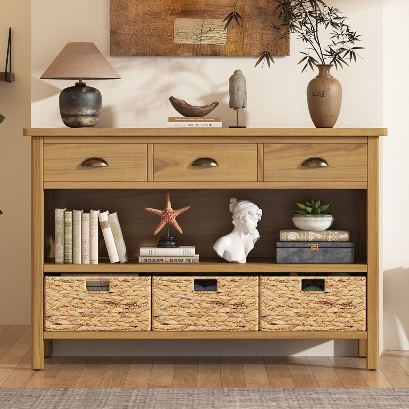 Vintage Console Table With Drawers,Water Hyacinth Woven Baskets,Multi-Color Options,Ideal For Entryway And Living Room_voghion.com