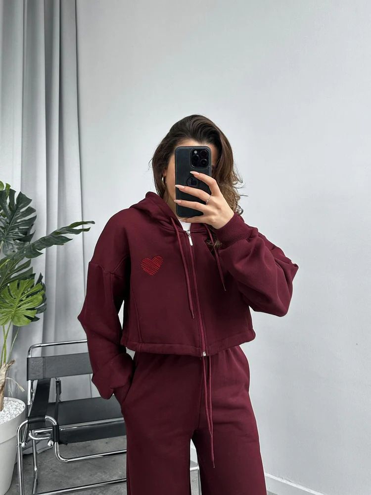 Women's Clothing Heart Print Hooded Sweatshirt & Jogger Pants Set - Casual Streetwear Outfit With Drawstring Waist | Dark Grey, Black, Wine Red_voghion.com