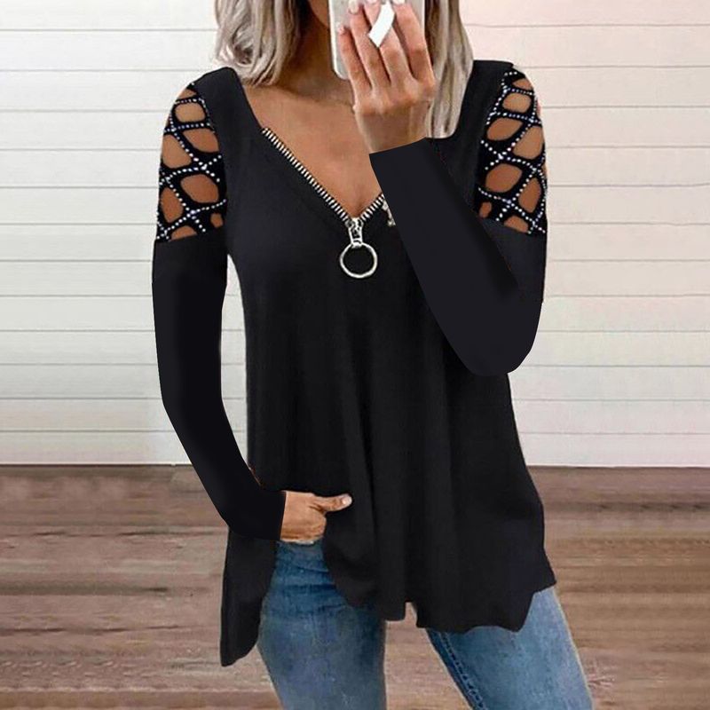 T-shirt casual da donna con scollo a V, manica cava, tinta unita, nuova moda autunno inverno 2023_voghion.com