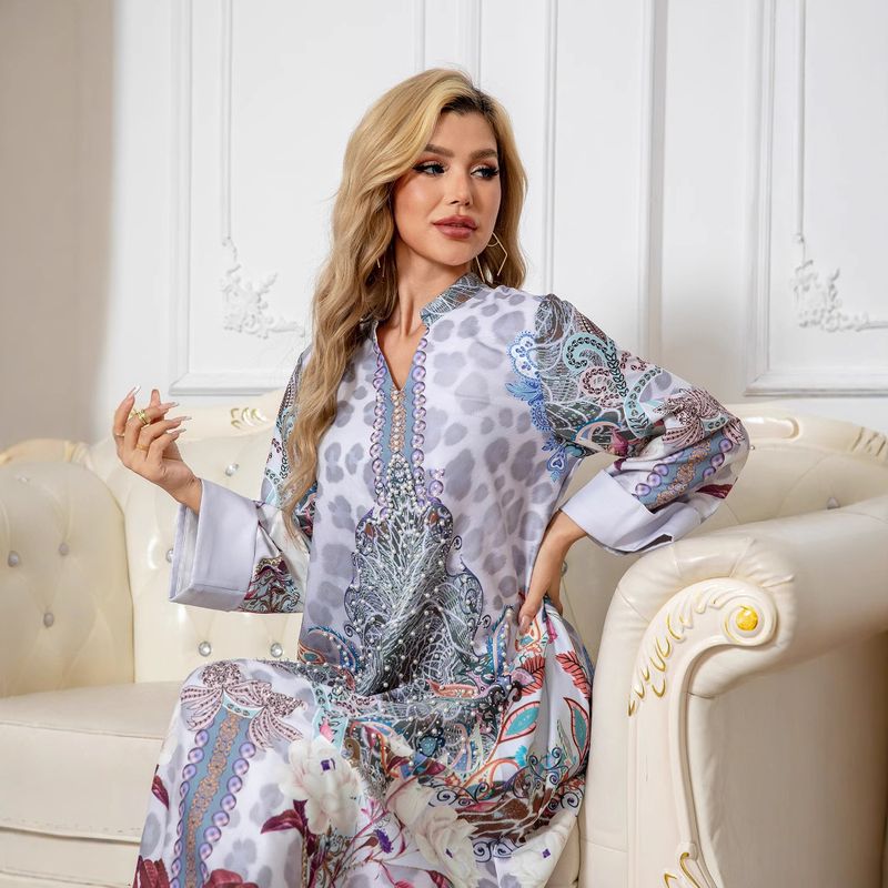 Vestido longo feminino muçulmano com estampa de diamantes e contas, estilo kaftan_voghion.com