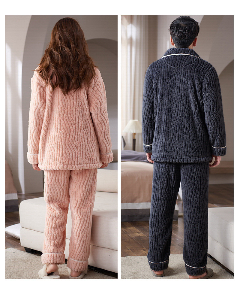 Vinter pyjamas til par, varm flannel cardigan, fortykket og plys koralfløjl til mænd og kvinder hjemmetøjssæt_voghion.com