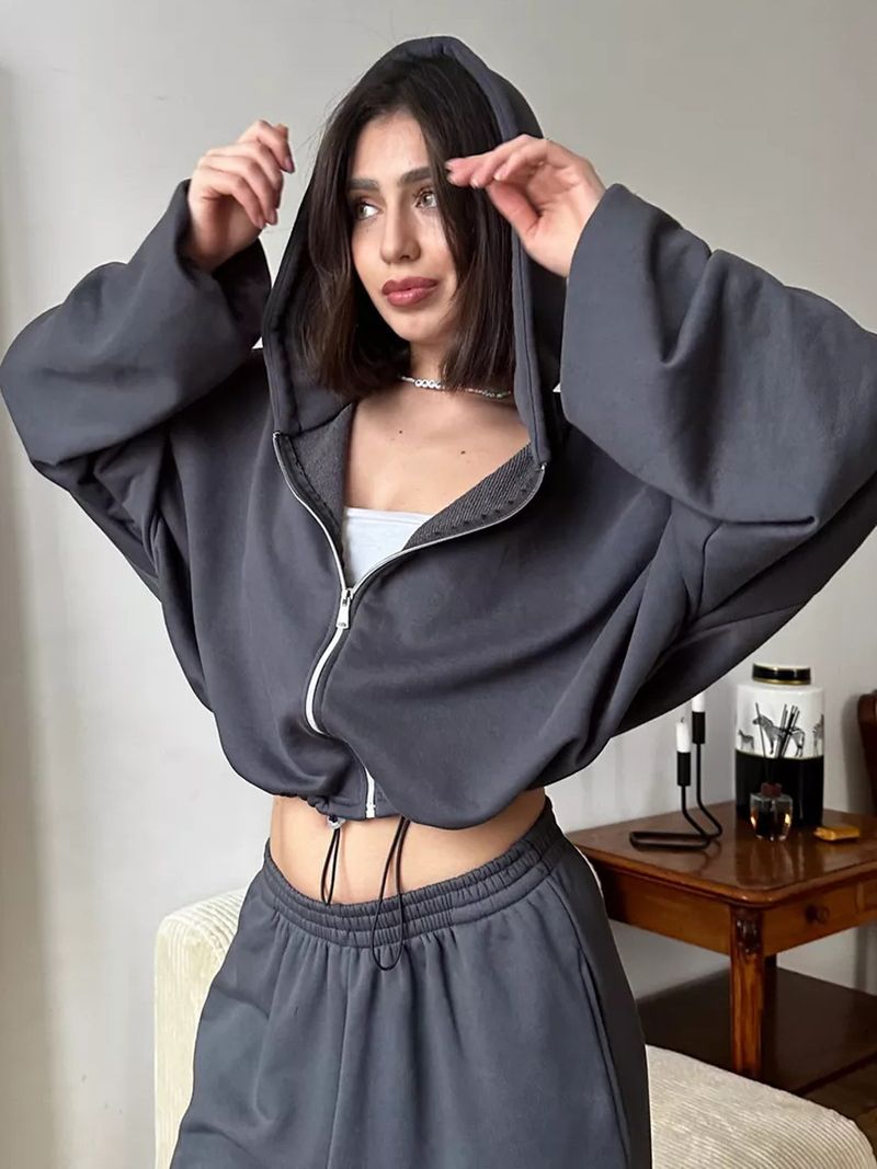 Women's Casual Solid Color Long Sleeve Zipper Cardigan Drawstring Hoodie Sweatshirt Elastic Pants Two-Piece Set_voghion.com