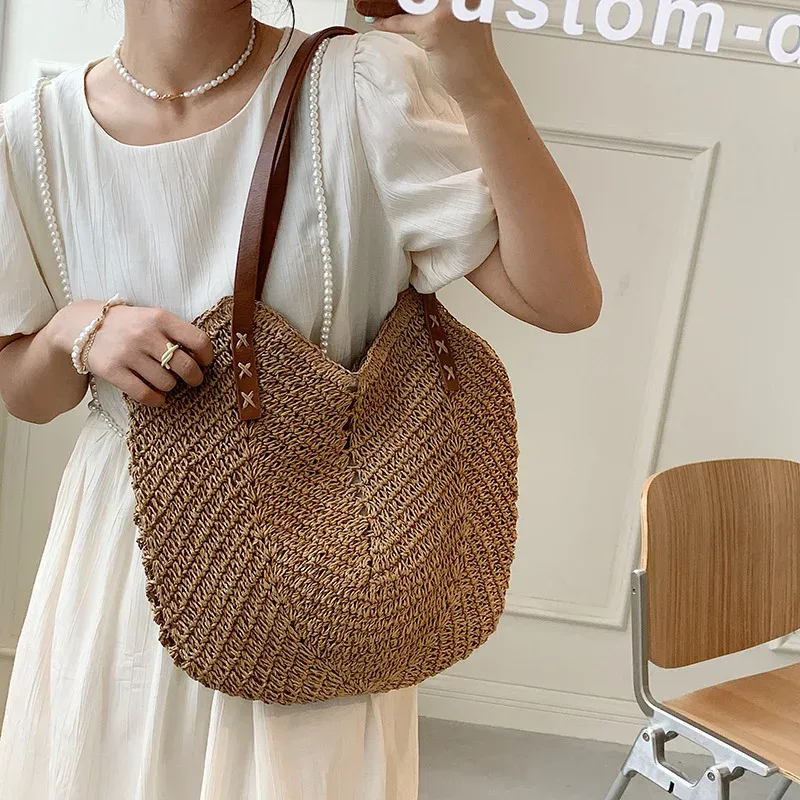 Estate per le donne Borse a tracolla in paglia Borsa da spiaggia all'uncinetto in rafia intrecciata con manico superiore intrecciato in rattan Borse casual 2023_voghion.com