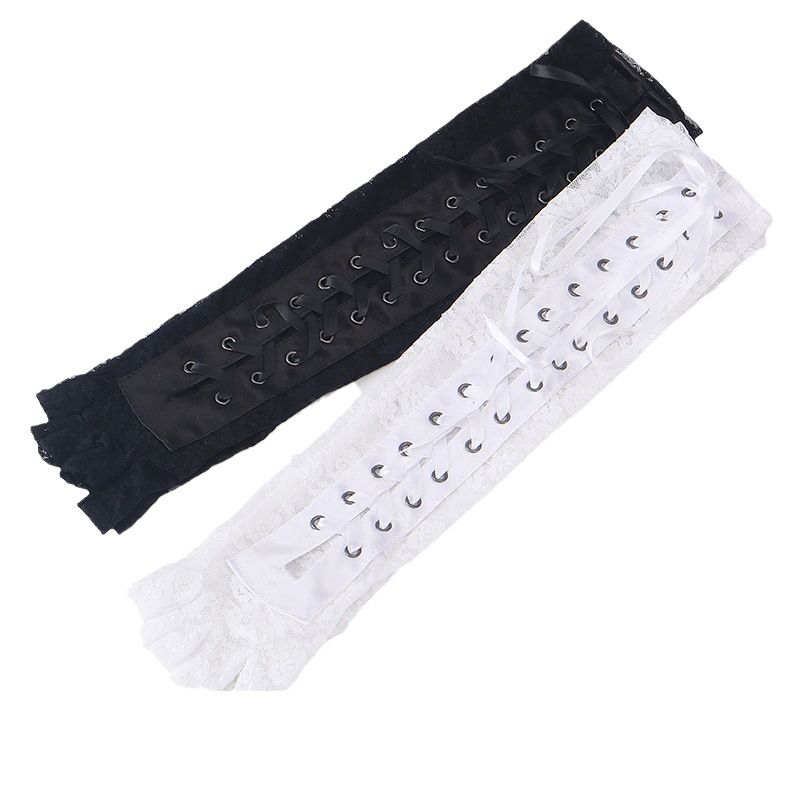 Guantes largos de encaje transpirables con correa de hebilla y costuras huecas para verano, de medio dedo y protección solar_voghion.com