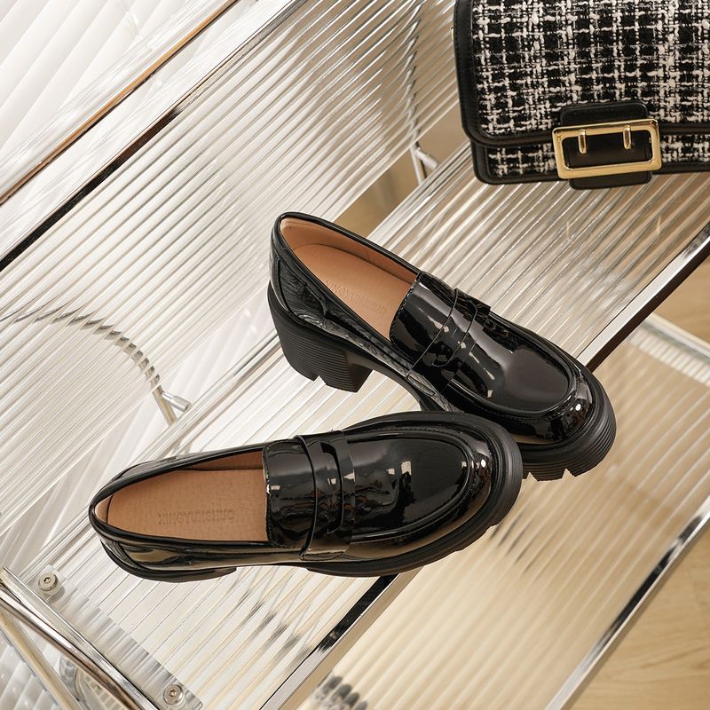 Cowhide Thick-Soled Chunky Heel Loafers For Women, British Style Slip-On Lazy Platform Shoes, Small Leather Shoes To_voghion.com