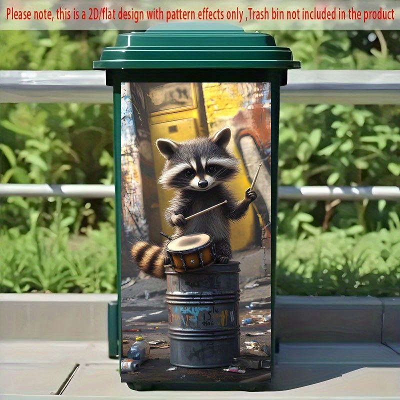 1pc Raccoon Musician Themed Trash Can Sticker 37×82cm - Self-Adhesive Polypropylene Wallpaper With Cartoon Raccoon & Drum Design, Glossy Finish For_voghion.com