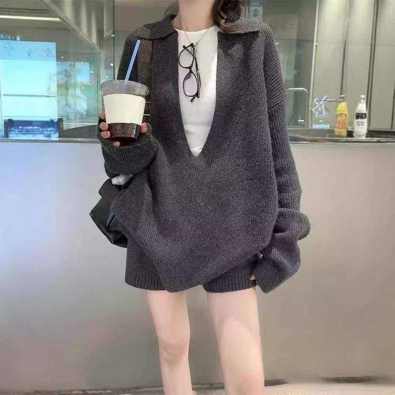 Maglione a V rilassato e pigro da donna, nuovo set di due pezzi in maglia casual snellente e ampio per autunno e inverno_voghion.com