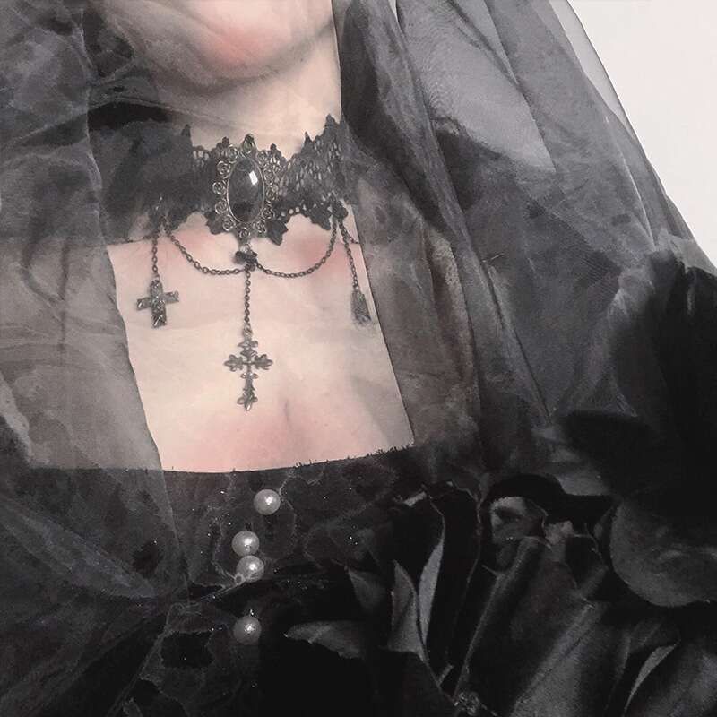 Collana con croce in pizzo Lolita Dark Wind, stile gotico, con catena per clavicola, per donne_voghion.com