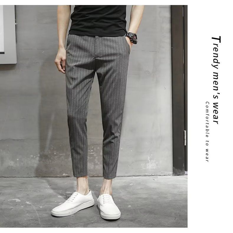 Men's Clothing slim fitting suit trousers for spring and summer, tall suit trousers with slim feet and vertical stripes, casual trousers for men_voghion.com